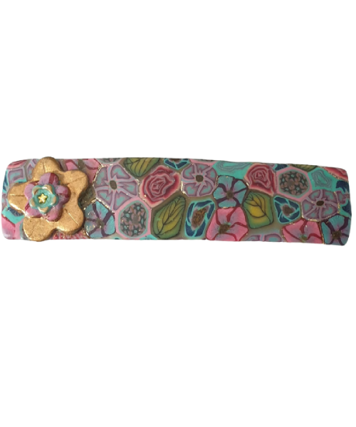 Millefiori Polymer Clay Barrette With Gold Flower