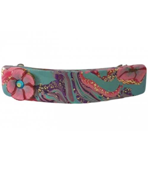 Polymer Clay Turquoise Barrette with Red Flower