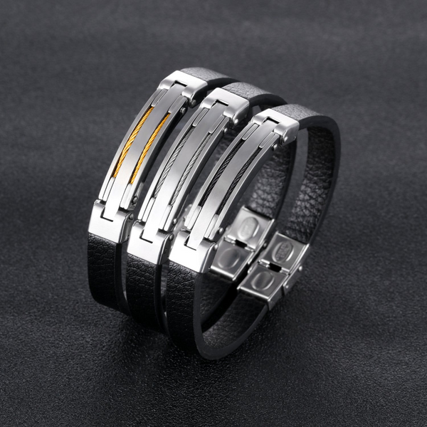 Men Steel & Leather Bracelet